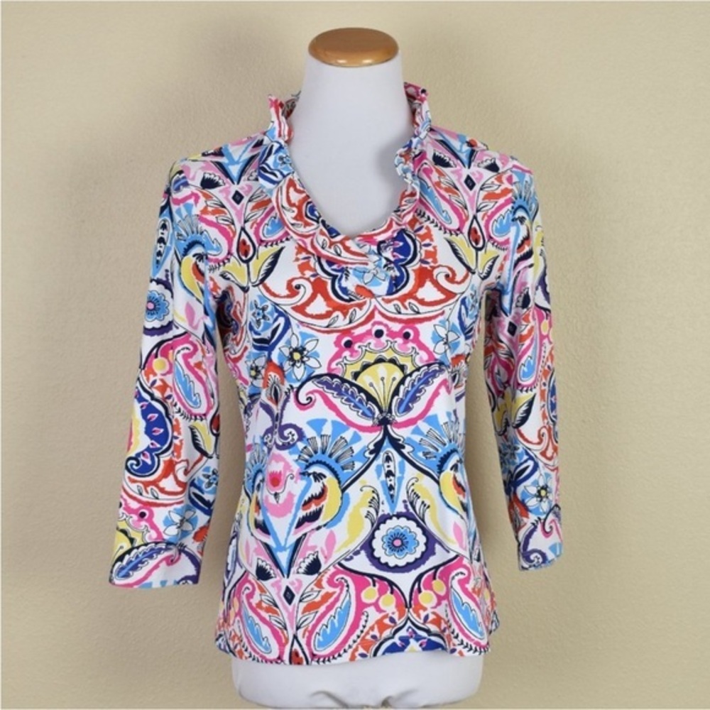 J. McLaughlin Catalina Cloth 3/4 Sleeve Ruffle Neckline Top Blouse Multi Size M